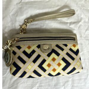 🌟 Stylish Geometric Wristlet Clutch- Navy, Yellow & Ivory Canvas w Leather Trim